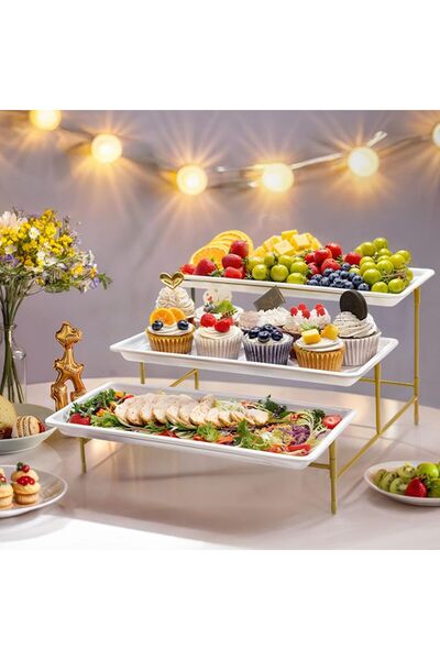 OEM Set of 3 Lifewit serving trays, 3 levels, 30x16 cm, foldable, plastic, metal stand, black and white