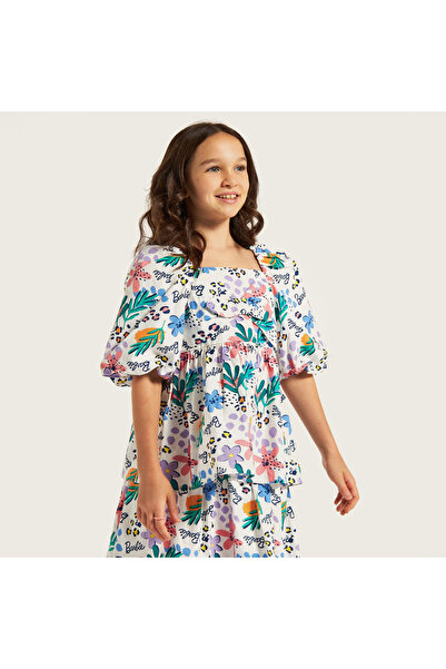 mattel All-Over Barbie Print Peplum Top with Square Neck and Balloon Sleeves