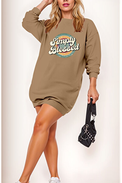 buğrahayalin Women's Long Sleeve Crew Neck Lettered Viscose Two Thread Dress