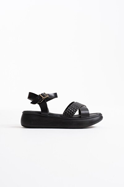 TRENDELLA Black Genuine Leather Women's Sandals with Knitted Straps and Ankle...