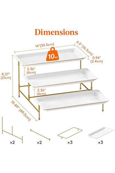 OEM Set of 3 Lifewit serving trays, 3 levels, 30x16 cm, foldable, plastic, metal stand, black and white