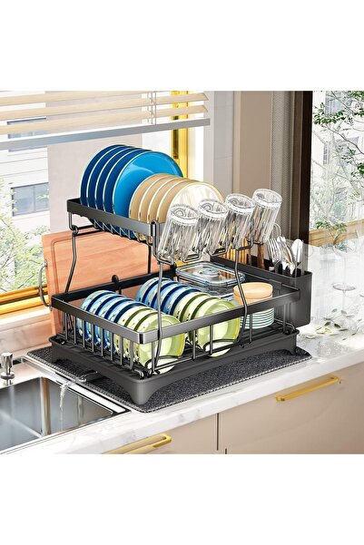 OEM SAYZH Dish Drainer, 2 Levels, 44.5 x 12.5 x 32.5 cm, Carbon Steel, Automatic Drain Tray, Black