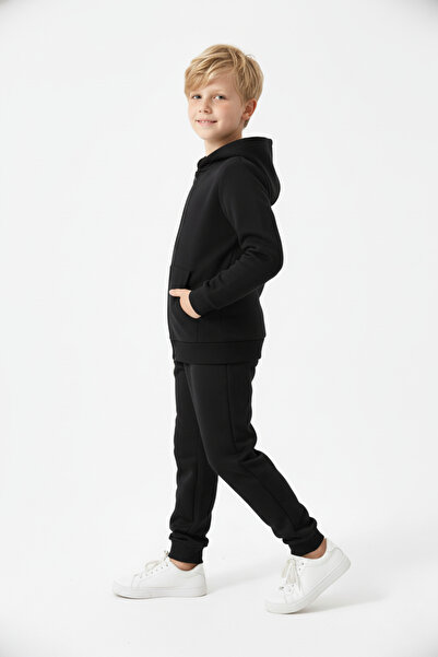 FYK KİDS Σετ αθλητικής φόρμας για αγόρια 3 İplik Winter Ş επένδυση fleece Απλό χωρίς στάμπα με φερμουάρ K με κουκούλα