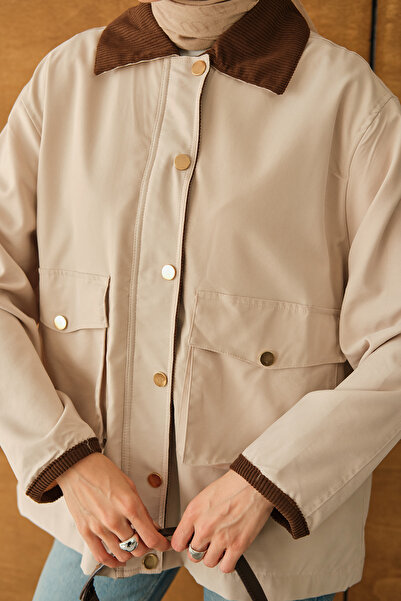 LOCCO Jachetă pentru femei cu detaliu din catifea la guler și la încheietura mâinilor, cremă