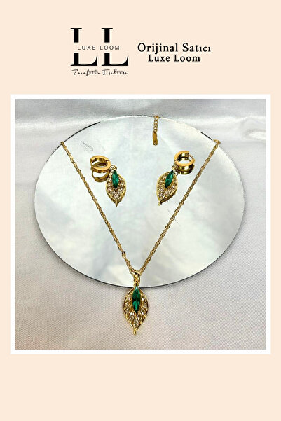 Luxe Loom Zarafetin Işıltısı Paslanmaz Çelik Retro Gold Zirkon Taşlı Yeşil Yaprak Kolye