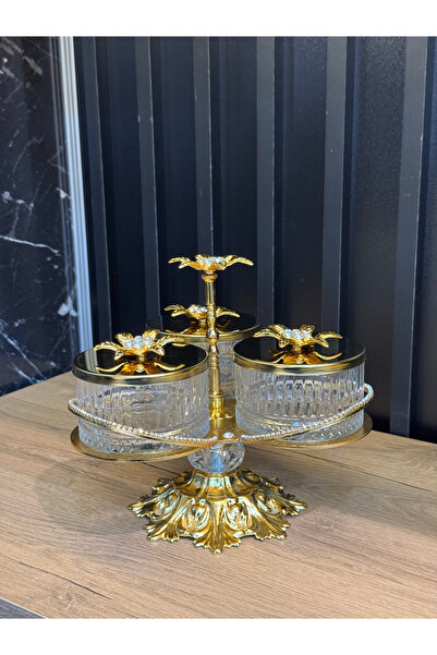 ZEKİ HEDİYELİK Metal Ayaklı 3’lü Cam Kapaklı Sunumluk