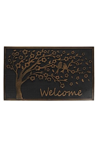 AB HOMES Entrance Doormat, Black, 75x45 cm, Tree with Flowers and Birds, 'Welcome'
