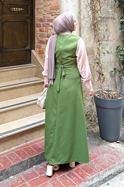 lamelif Φόρεμα με λεπτομέρεια με κουμπιά και πράσινο χρώμα χέννας