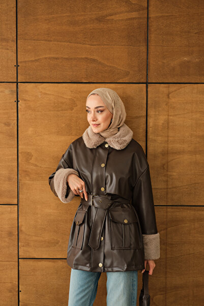 LOCCO Γυναικείο δερμάτινο μπουφάν με γούνα στον αστράγαλο και τον γιακά καφέ