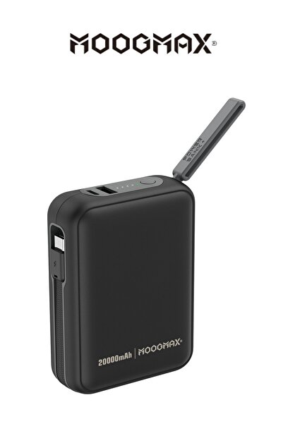 MOOGMAX 20000mAh power bank with 65W fast charging. Portable battery with built-in charging cable and two charging ports, from MogMax.