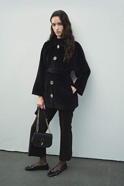 Hooopstore Milena Gold Buttoned Black Jacket Coat