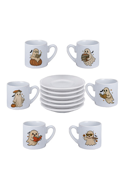 giftkonsept Cute Ghosts Reading Books Printed Set of 6 Porcelain White Turkish Coffee Cups