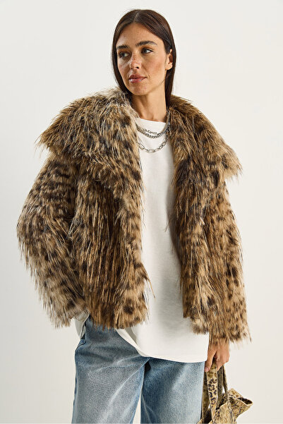 Bianco Lucci Γυναικεία φαρδιά γούνα με μοτίβο με φαρδύ γιακά με επένδυση Premium Faux Fur 7037 60283761