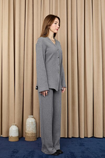Loreen Women's Button Detailed Knitted Suit -20722Tks - Gray