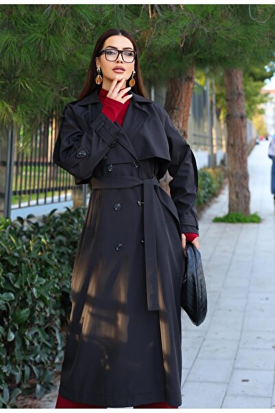 Dadali Double-Breasted Trench Coat with Collar Sleeves and Belt Detail Black
