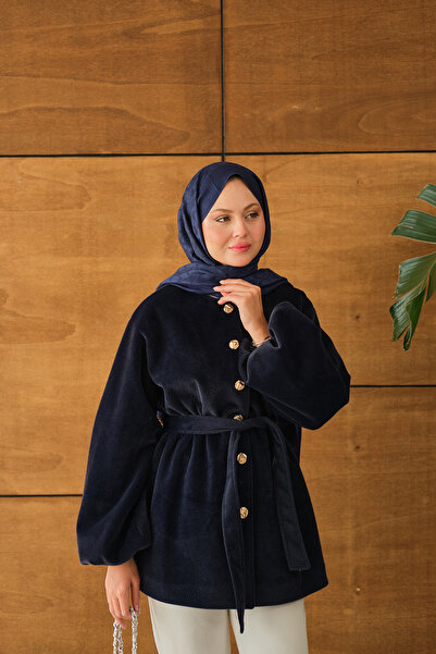 LOCCO Γυναικείο μπουφάν με ελαστική μέση με πούπουλα σε μπλε ναυτικό