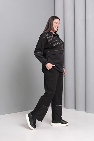 Ebsumu Women's Plus Size Half Turtleneck Black Tracksuit Set