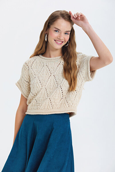 Clandestino Knitted Patterned Short Sleeve Sweater Beige