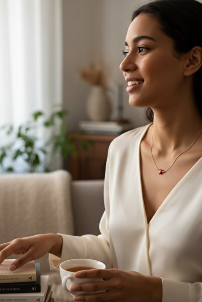 dela otantik Minimal Red Heart Necklace – Handmade Gold Color Chain Necklace - Valentine's Day Gift