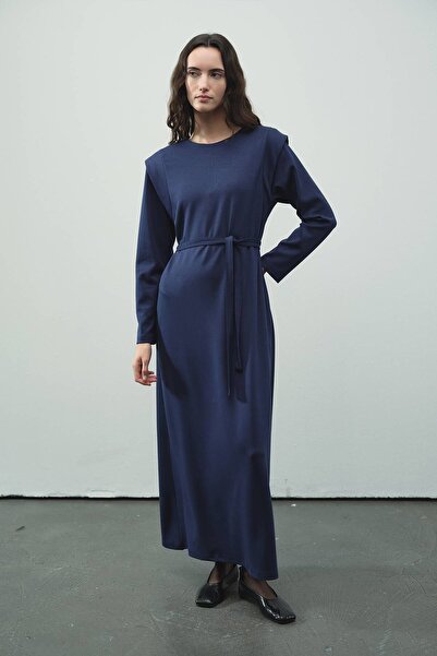 Hooopstore Aller Detailed Compact Cotton Navy Blue Dress