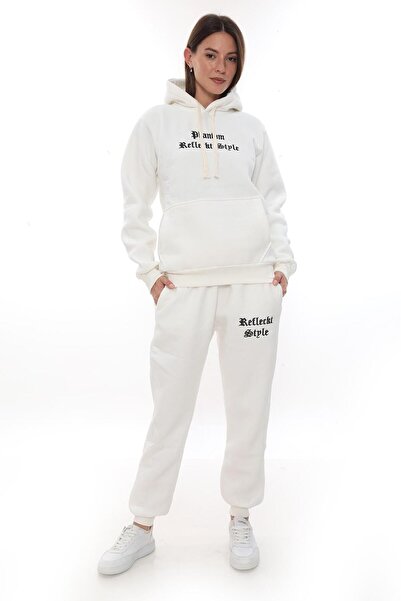 VAJESTO بدلة رياضية نسائية بيضاء بغطاء رأس Kangaroo Pocket مبطن بالصوف 3 Thre...