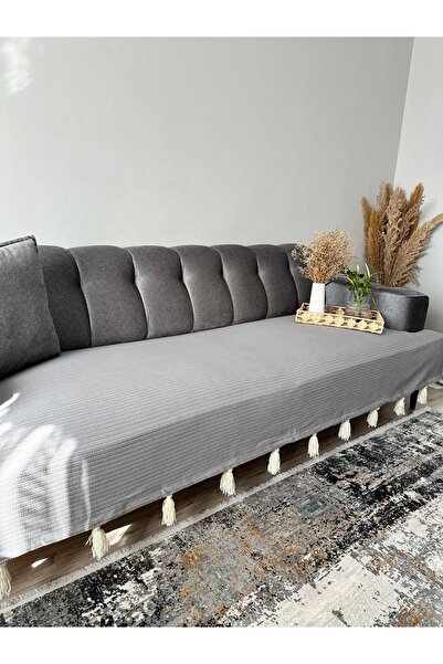 Doğa Husa pentru canapea BOHEM cu franjuri, gri crem, cu franjuri, 90x220