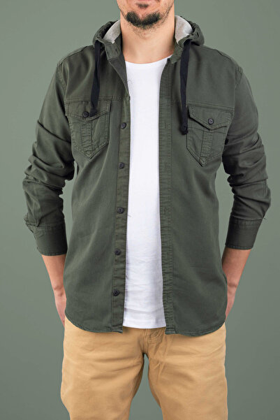 bombe Men's Slim Fit Hooded Denim Shirt Khaki