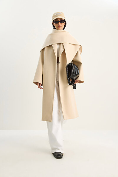 Bianco Lucci Women's Lapel Collar Coat with Scarf Accessory Oversized Cashmere Coat 0215 60283771