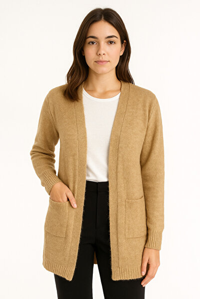 Hayalet Camel Soft Textured Fine Wool Women's Cardigan – Pockets, Relaxed Fit, 75 cm Length