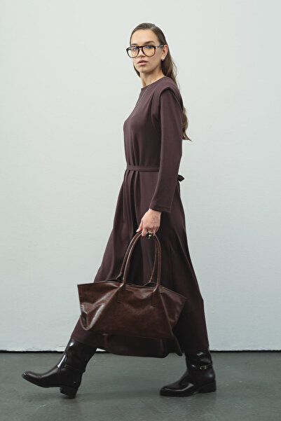 Hooopstore Aller Detailed Compact Cotton Brown Dress