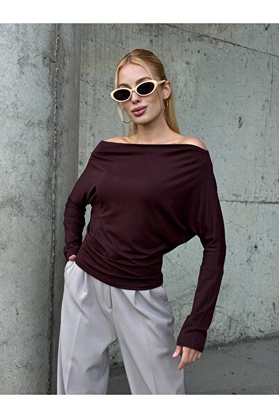 cemo Yarasa Kol Geniş Yaka Siyah Bluz Bol Kesim Likralı Kumaş Düşük Omuz Üst