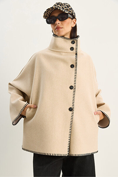 Bianco Lucci Women's Crochet Detailed Coat with Mock Neck Pockets and Oversized Buttons 0317 60283769