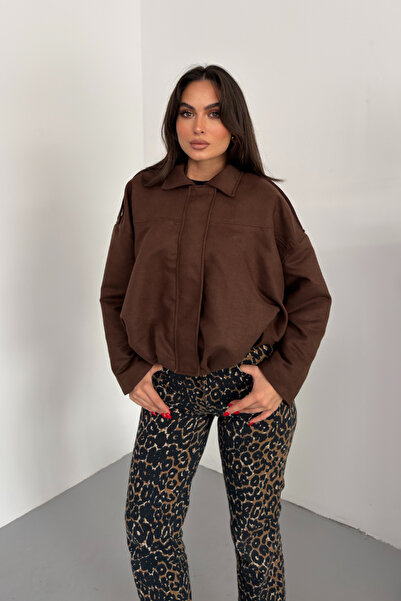 spirituel معطف نسائي قصير كبير الحجم من جلد الغزال بسحاب وياقة قميص وكتف منخفض