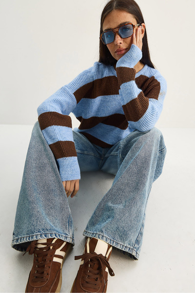 Bianco Lucci Pulover tricotaj casual cu dungi guler rotund pentru femei 60283779