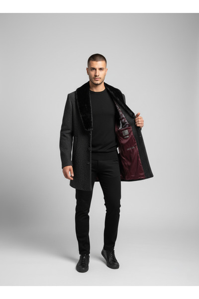 Brango Men's Shawl Fur Collar Stamp Coat