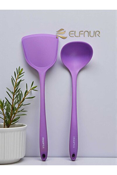 elfnur 2 Piece Hard Tip Heat Resistant Fireproof Non-Stick Silicone Spatula Ladle Set 30 cm