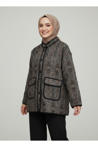 BENAHOLL Μπουφάν με έθνικ σχέδιο με διπλή τσέπη με κουμπιά και γιακά σταυρωτό-HE8415 Μαύρο