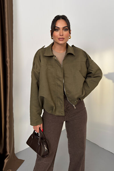 spirituel معطف نسائي قصير كبير الحجم من جلد الغزال بسحاب وياقة قميص وكتف منخفض