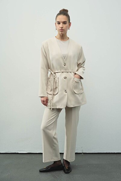 Hooopstore Meri Knitted Rope Detailed Stone Jacket Set