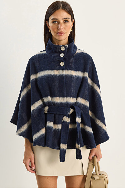Bianco Lucci Women's Plaid Patterned Belted Button Detailed Cashmere Poncho 9081 60283766