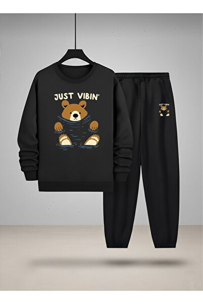 LORVEX Παιδική φόρμα με λαιμόκοψη και φούτερ JUST VIBIN με στάμπα και 3 κλωστές