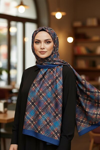 AFVENTE Plaid Paisley Pattern Navy Blue Cotton Shawl