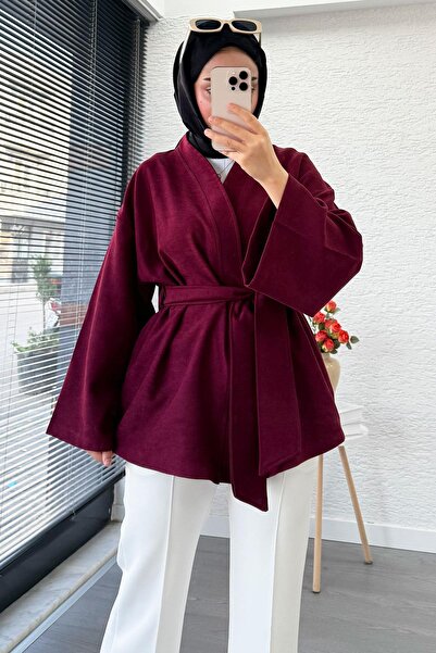 MELEK ARAZ Premium Gabardine Short Kimono with Flywheel Detail on the Sleeves – Burgundy