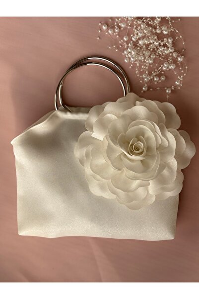GUSTELLO White Silver Metal D Handle 3D Rose Motif Handbag |   Wedding/Invitation Combinations
