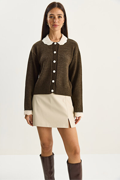 Bianco Lucci Women's Knitted Peter Pan collar Sleeve Detailed Knitwear Cardigan Th251054 60283768