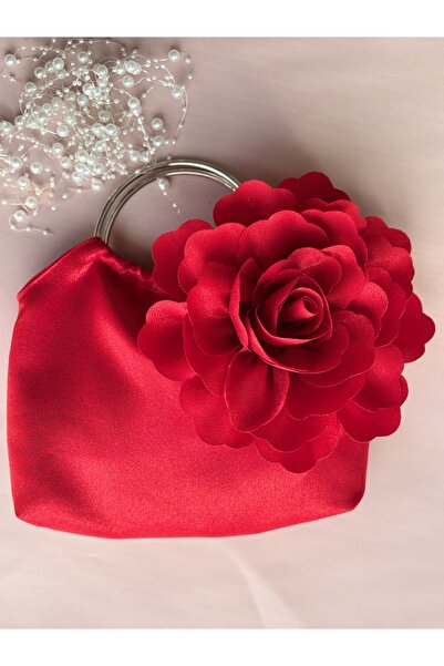 GUSTELLO Red Silver Metal D Handle 3D Rose Motif Handbag |   Wedding/Invitation Combinations