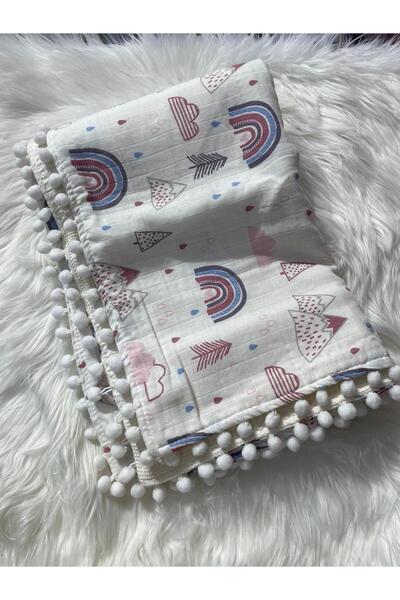 mayakids Baby Rainbow Patterned Double-Sided Pom-Pom Muslin Blanket
