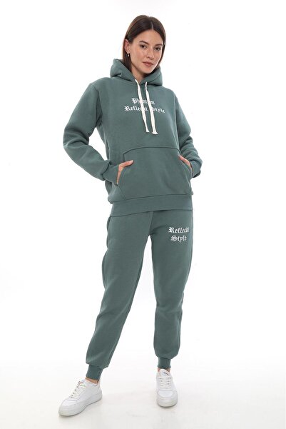 VAJESTO Costum de trening casual pentru femei, verde petrol, cu glugă buzunare cangur, cu căptușeală din fleece fire, iarnă, cu fleece în interior