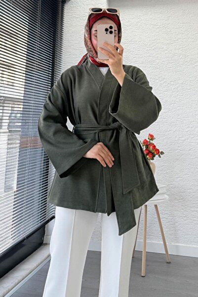 MELEK ARAZ Premium Gabardine Short Kimono with Flywheel Detail on the Sleeves – Khaki