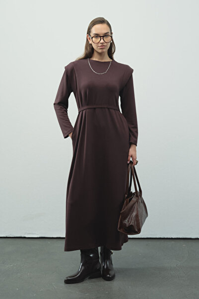 Hooopstore Aller Detailed Compact Cotton Brown Dress
